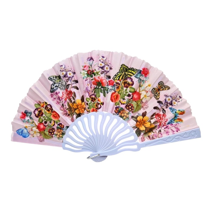 Műanyag és textil legyező, összecsukható, virágmintás, rózsaszín