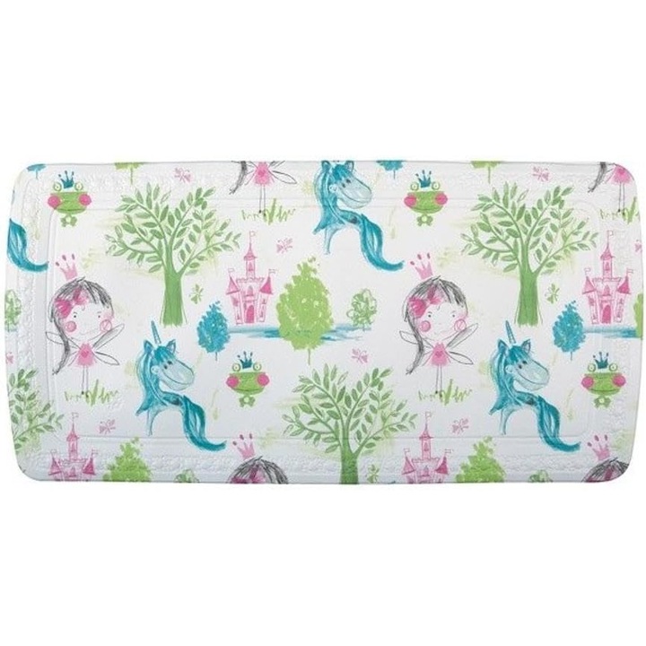 Covoras antiderapant de copii pentru baie, 71 x 36 cm, PVC, cu ventuze, orificii pentru scurgere, Fairy Tale, Alb