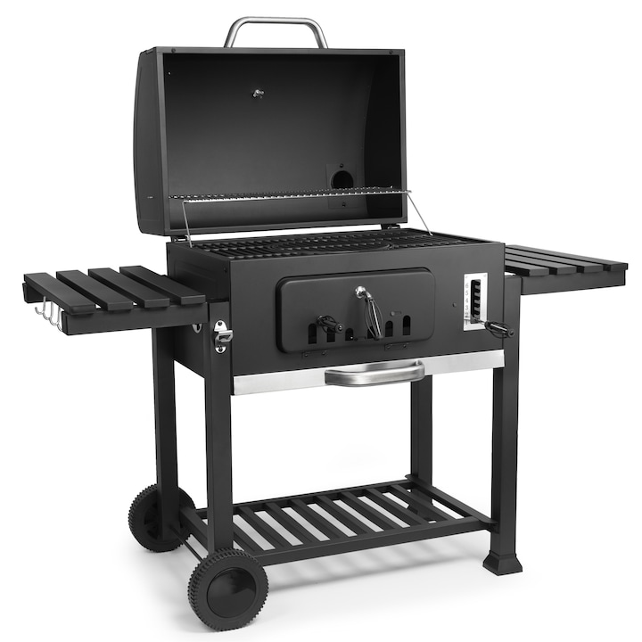 Gratar pe Carbune Profesional Mr. Grill, Dimensiune XL, Capac cu Termometru, Grill din Fonta Emailata - Negru