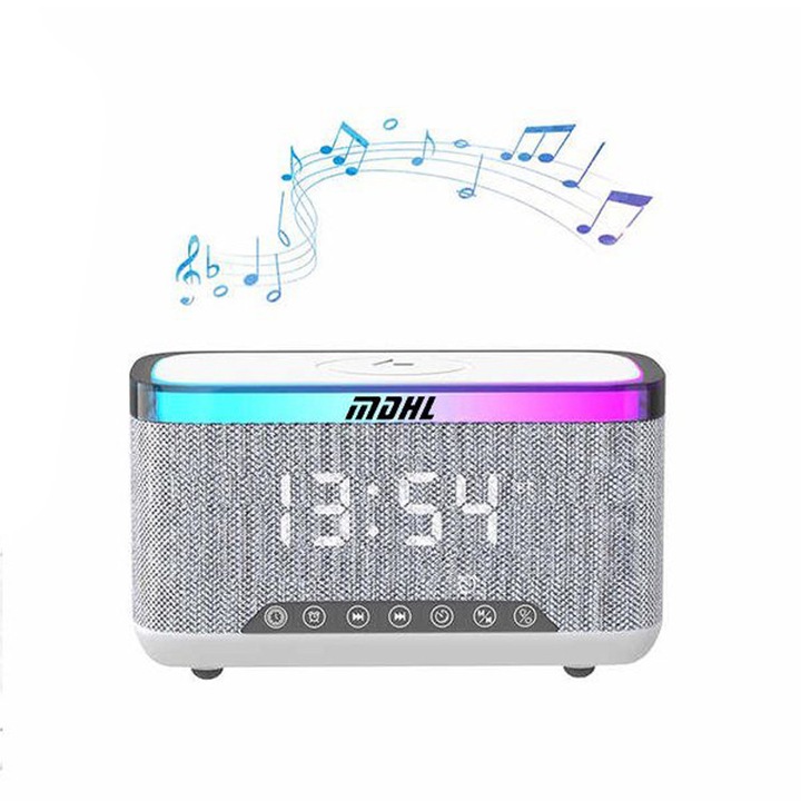 Boxa portabila Mdhl MD-S300 4 in 1 cu 12 moduri de iluminare, Bluetooth, Ceas, Incarcator Wireless, Wireless Fm radio, 1800 mAh