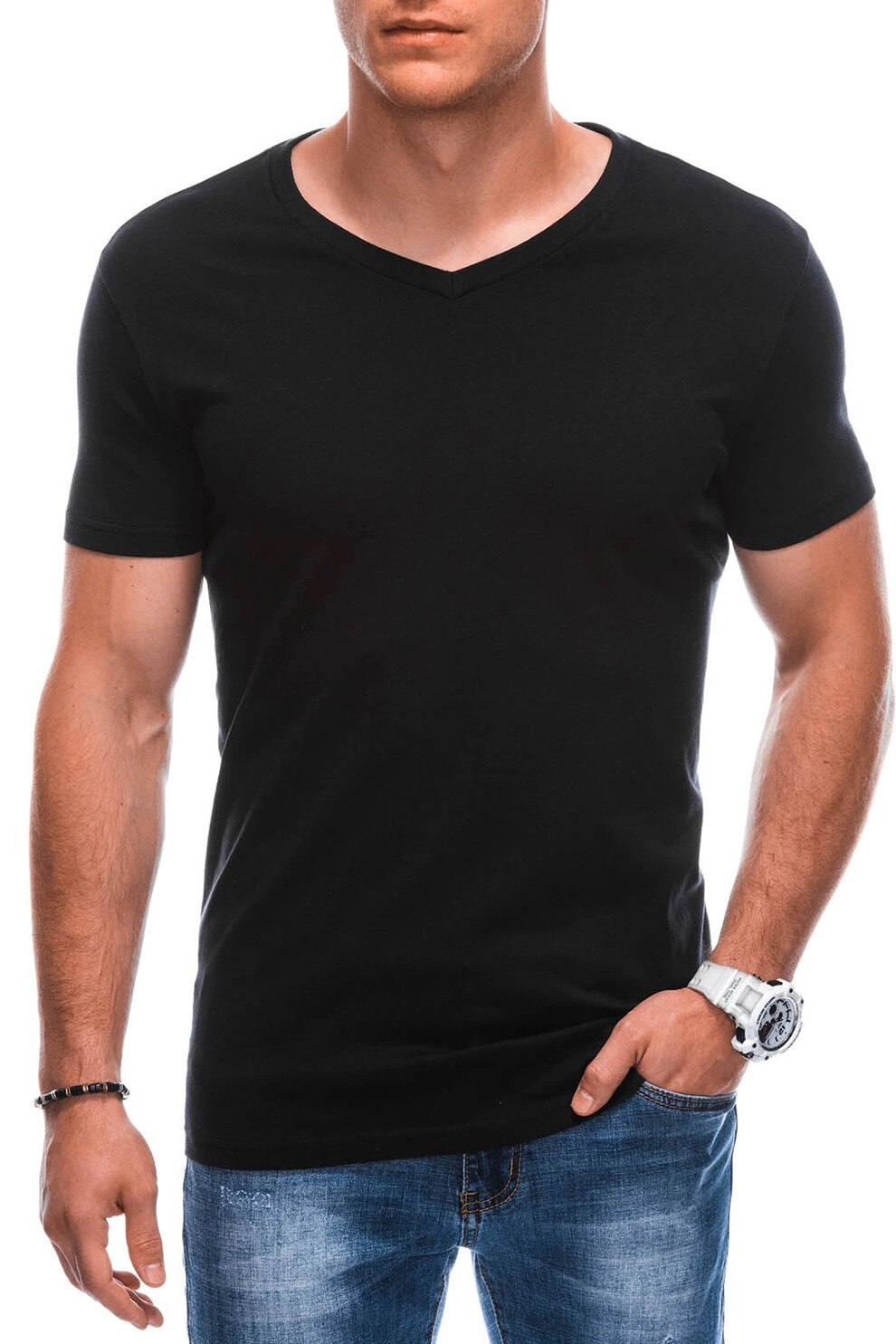 EDOTI, Tricou din bumbac cu decolteu in V, Negru stins, S