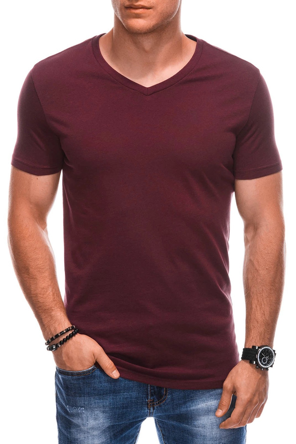 EDOTI, Tricou din bumbac cu decolteu in V, Visiniu, XL