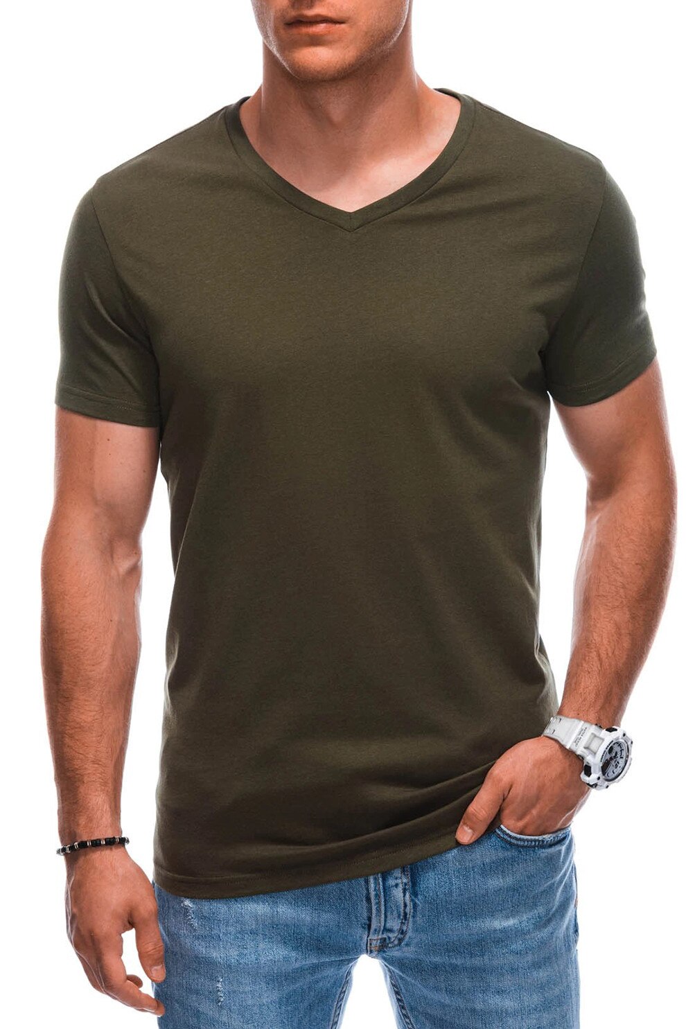 EDOTI, Tricou din bumbac cu decolteu in V, Verde masliniu, L