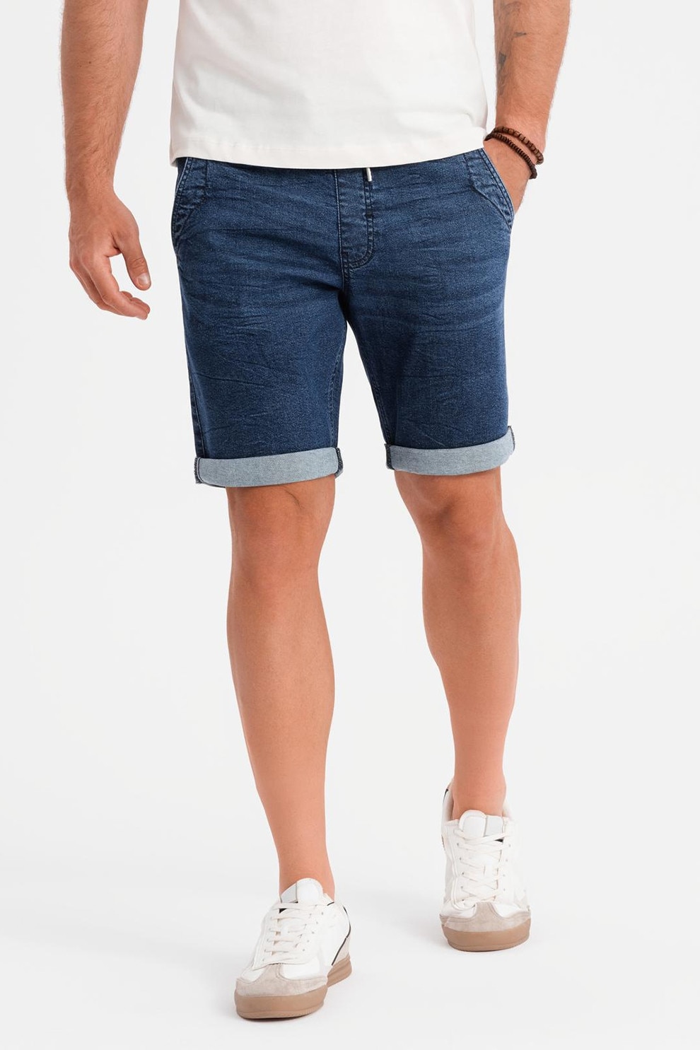 OMBRE, Blugi scurti cu talie elastica si snur, Albastru inchis, 2XL
