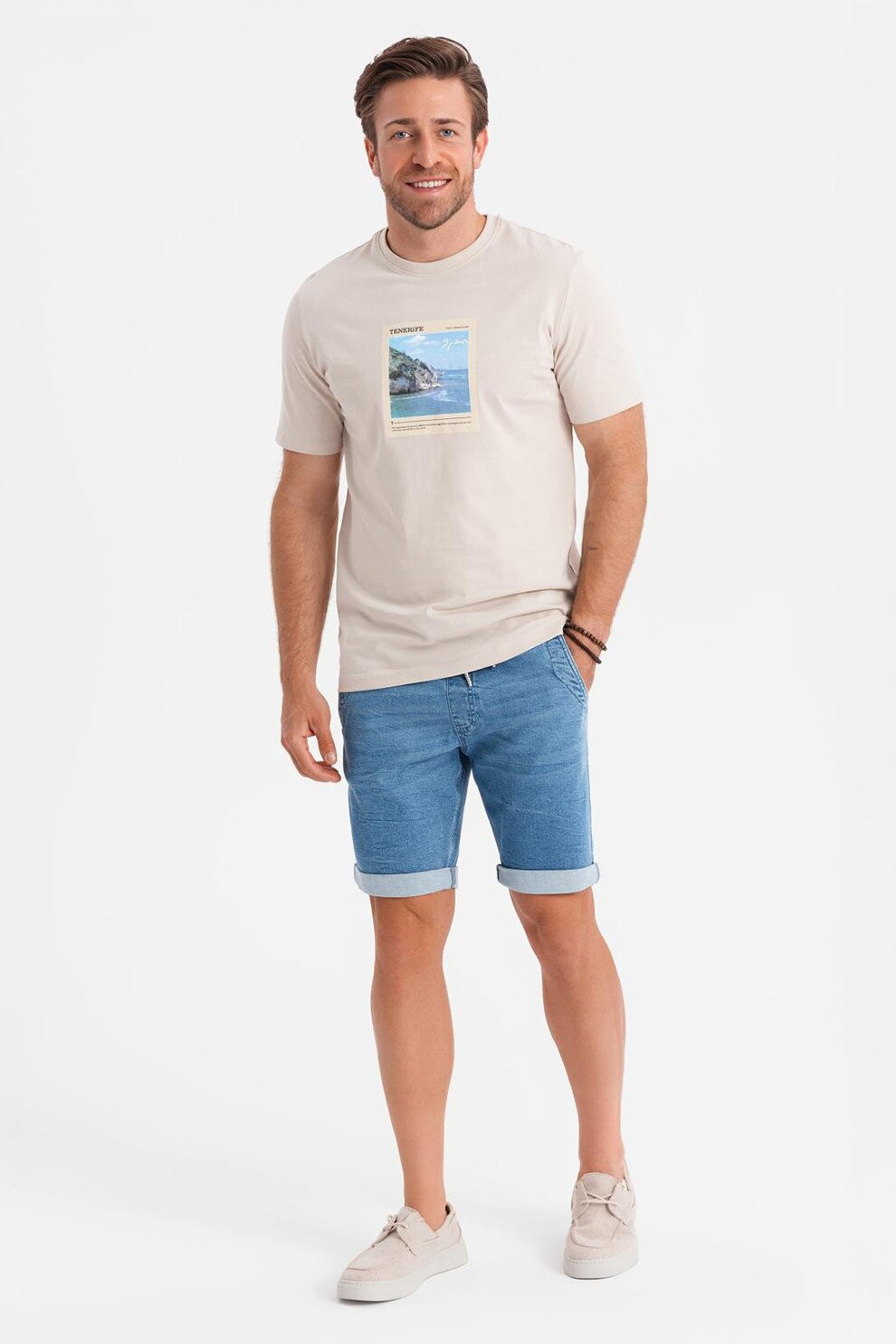 OMBRE, Blugi scurti cu talie elastica si snur, Albastru deschis, 2XL