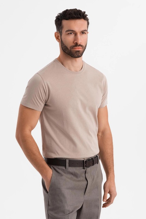 OMBRE, Tricou uni cu decolteu la baza gatului, Maro taupe deschis