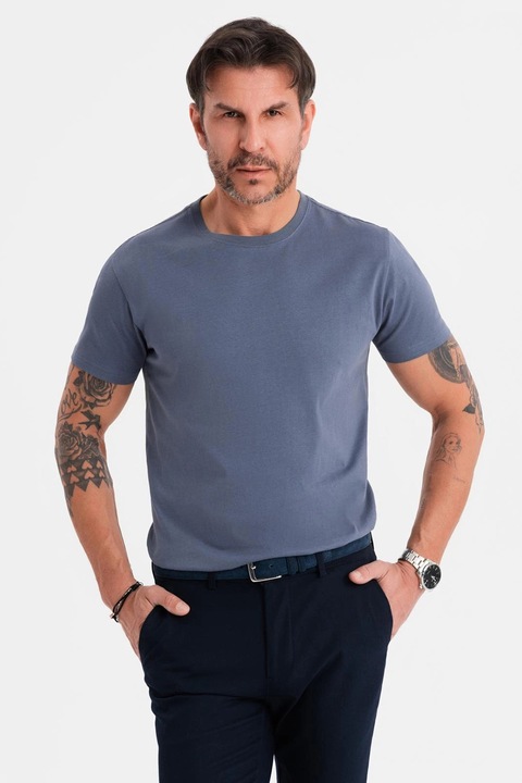 OMBRE, Tricou uni cu decolteu la baza gatului, Albastru inchis