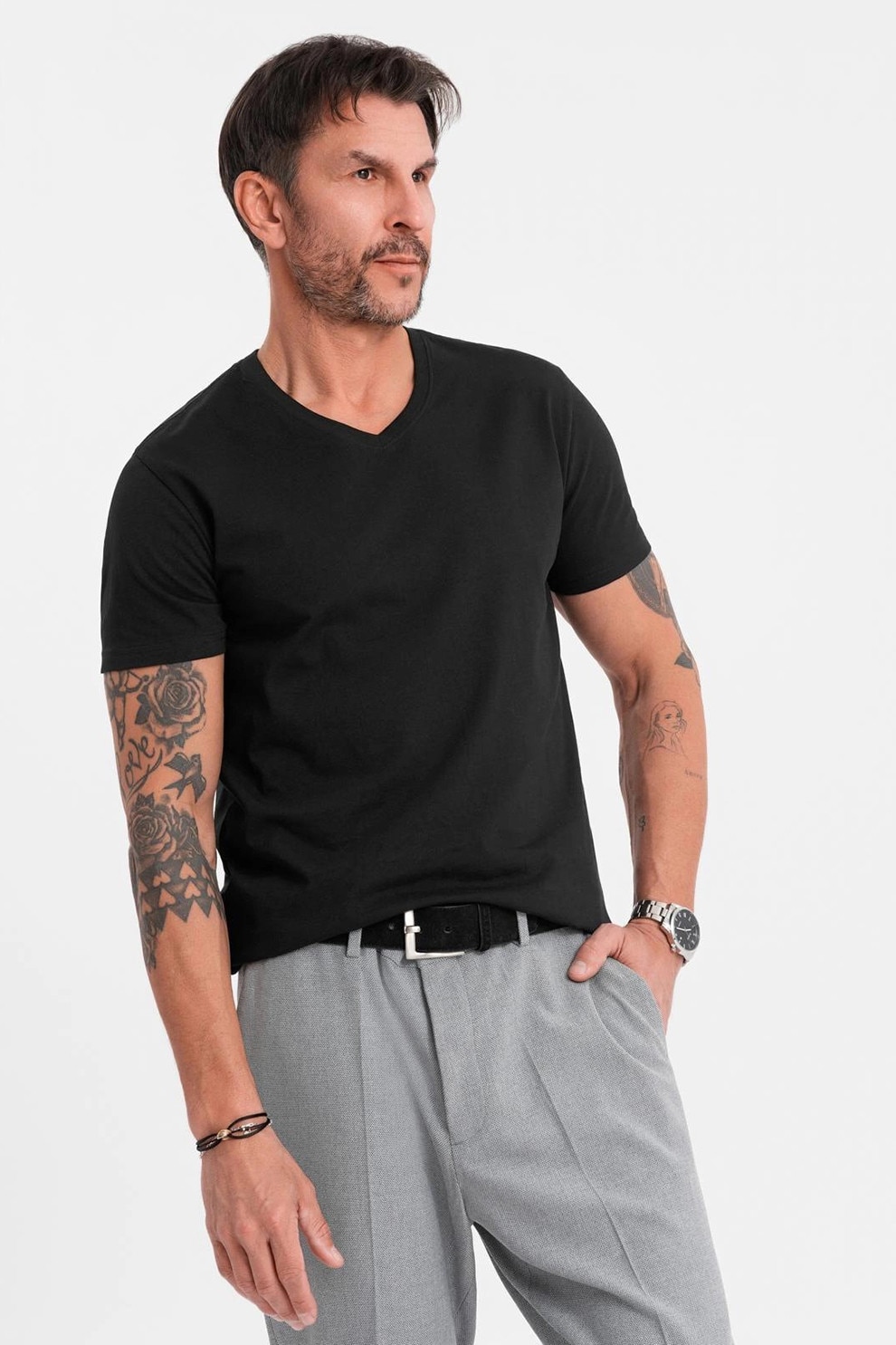 OMBRE, Tricou uni cu decolteu in V, Negru, S