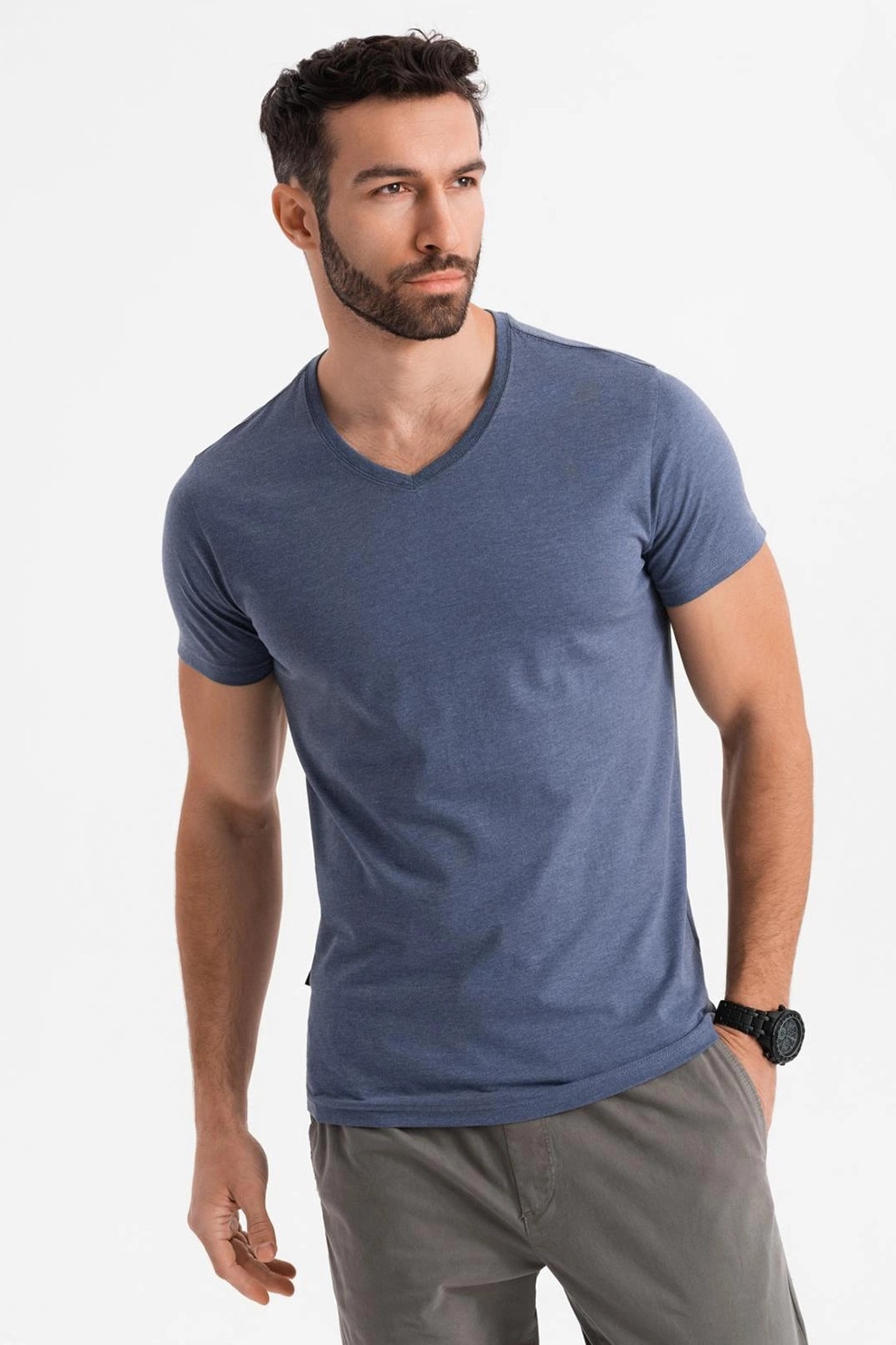 OMBRE, Tricou uni cu decolteu in V, Albastru melange, L