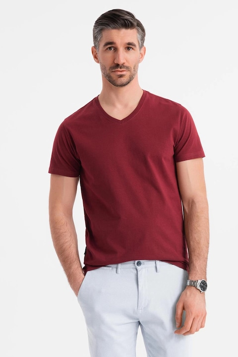 OMBRE, Tricou uni cu decolteu in V, Visiniu