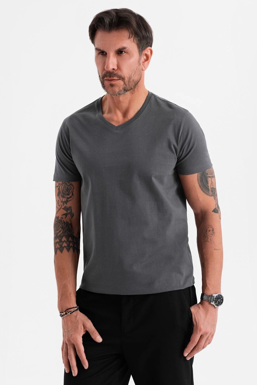 OMBRE, Tricou uni cu decolteu in V, Gri inchis, M