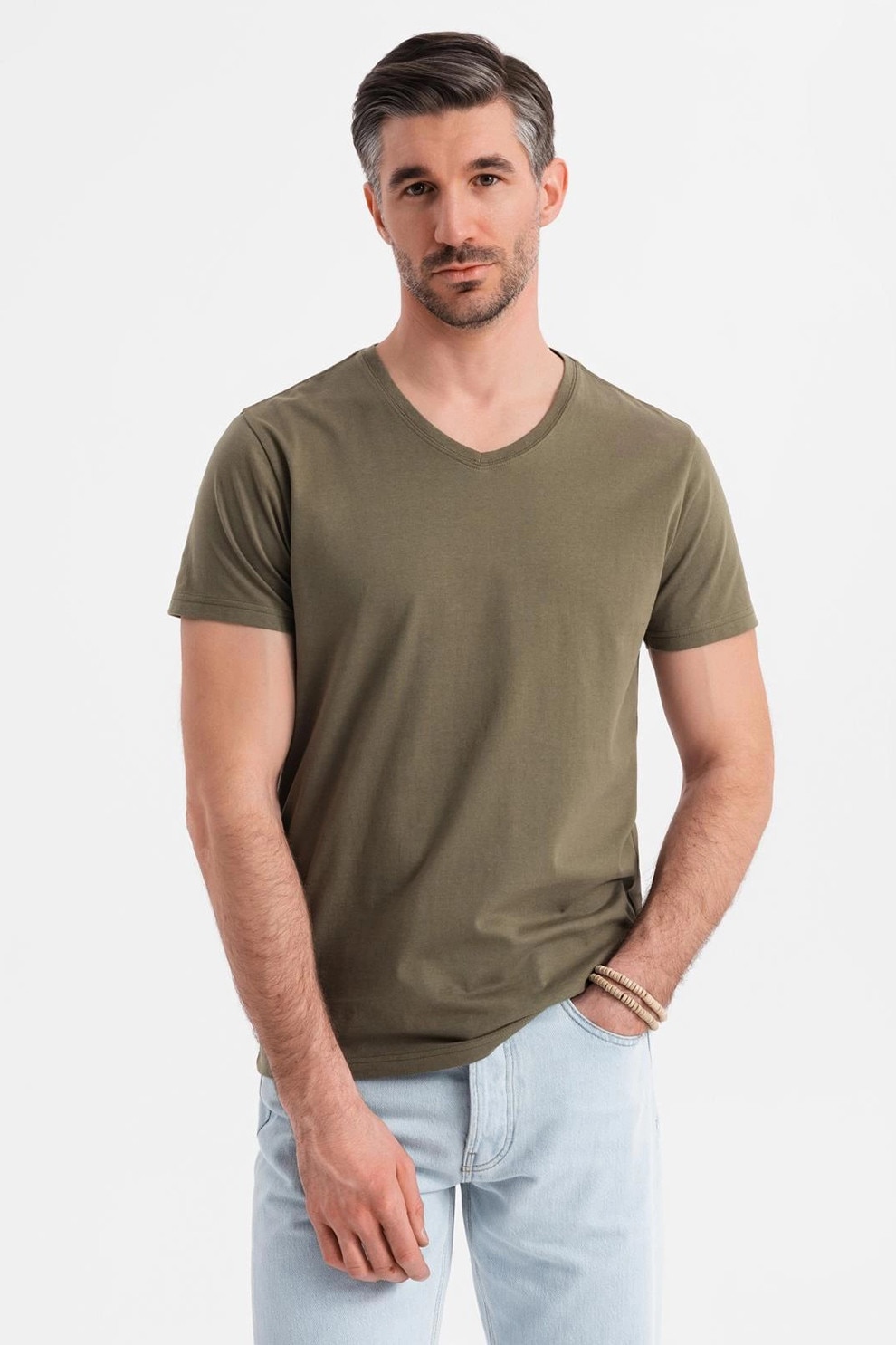 OMBRE, Tricou uni cu decolteu in V, Verde masliniu, L