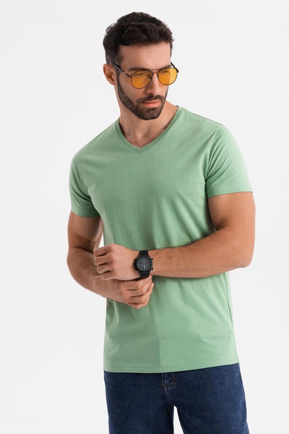 OMBRE, Tricou uni cu decolteu in V, Verde deschis, L