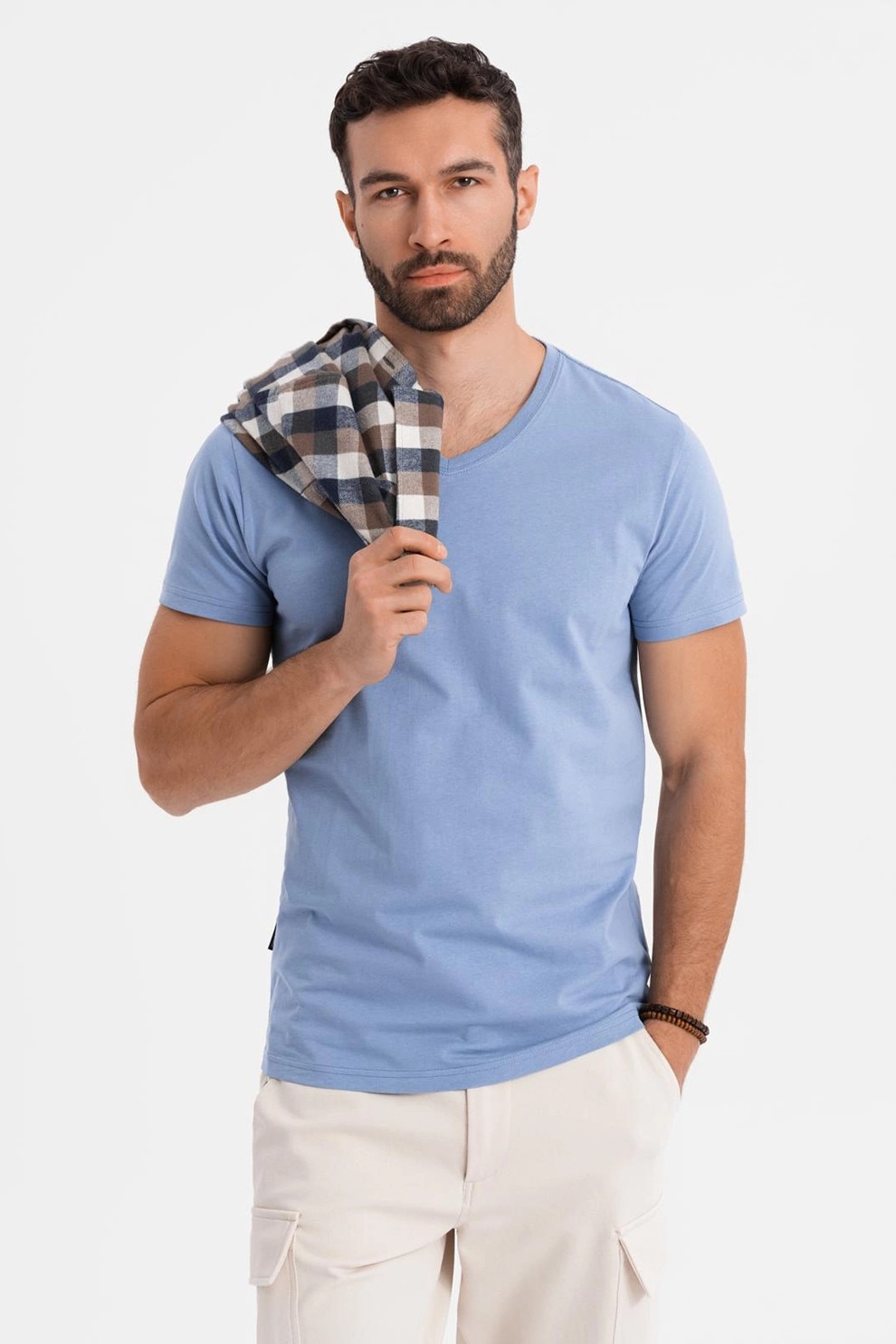 OMBRE, Tricou uni cu decolteu in V, Albastru deschis, S