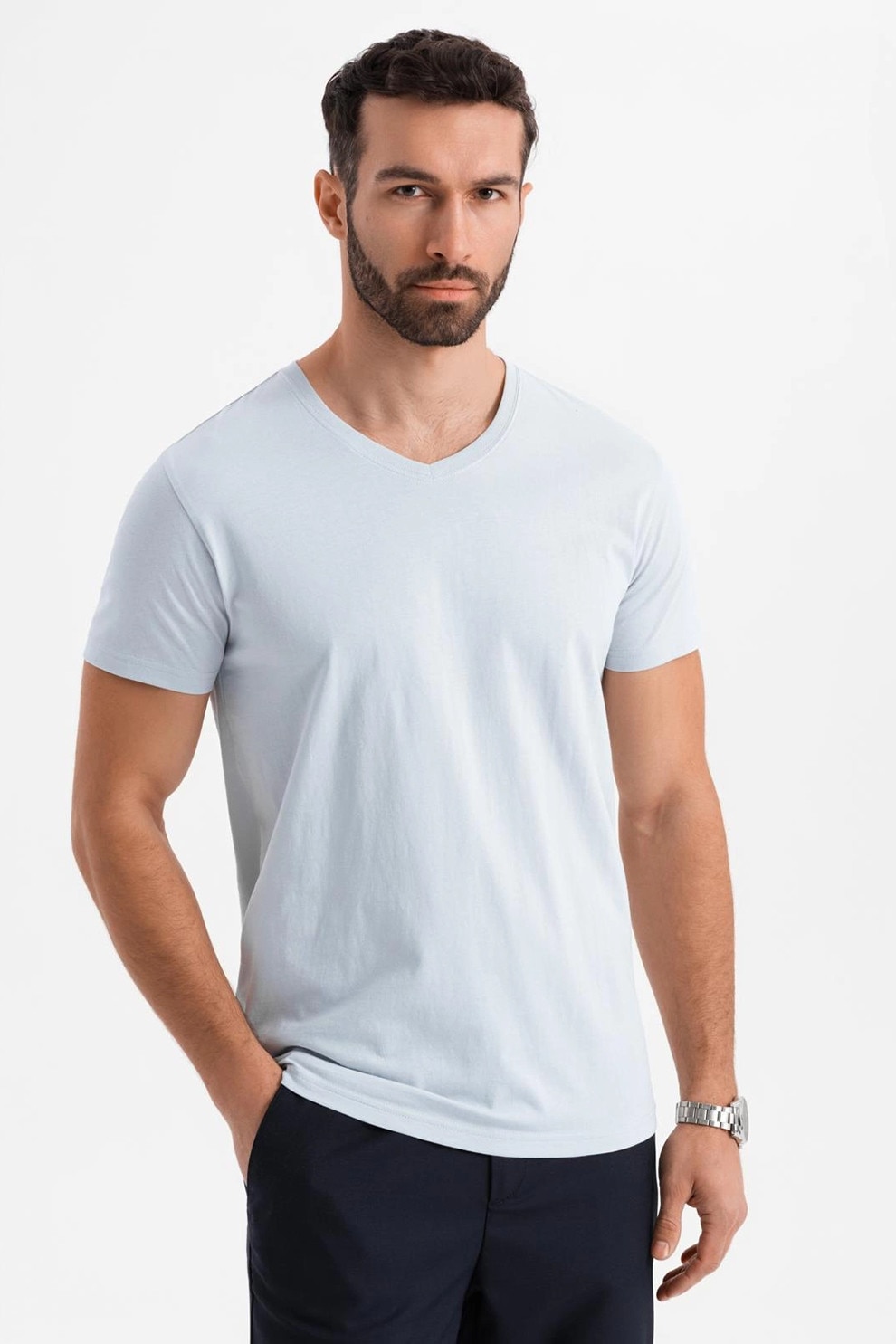 OMBRE, Tricou uni cu decolteu in V, Albastru glaciar, 2XL
