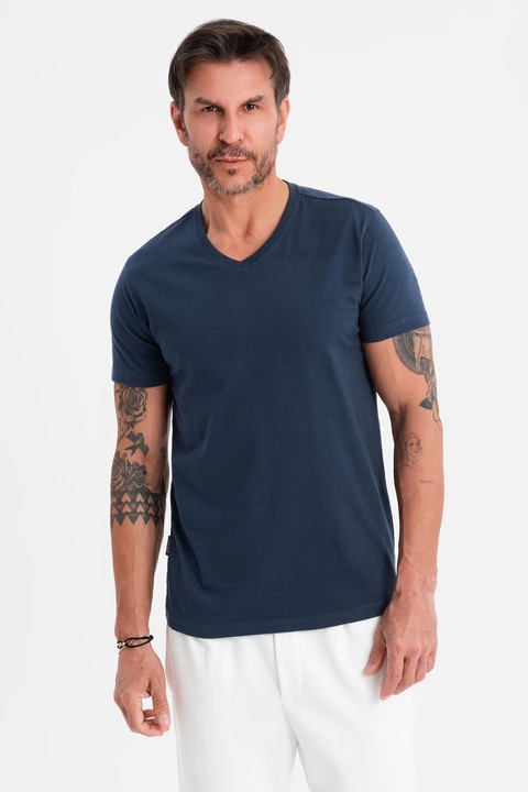 OMBRE, Tricou uni cu decolteu in V, Albastru ultramarin