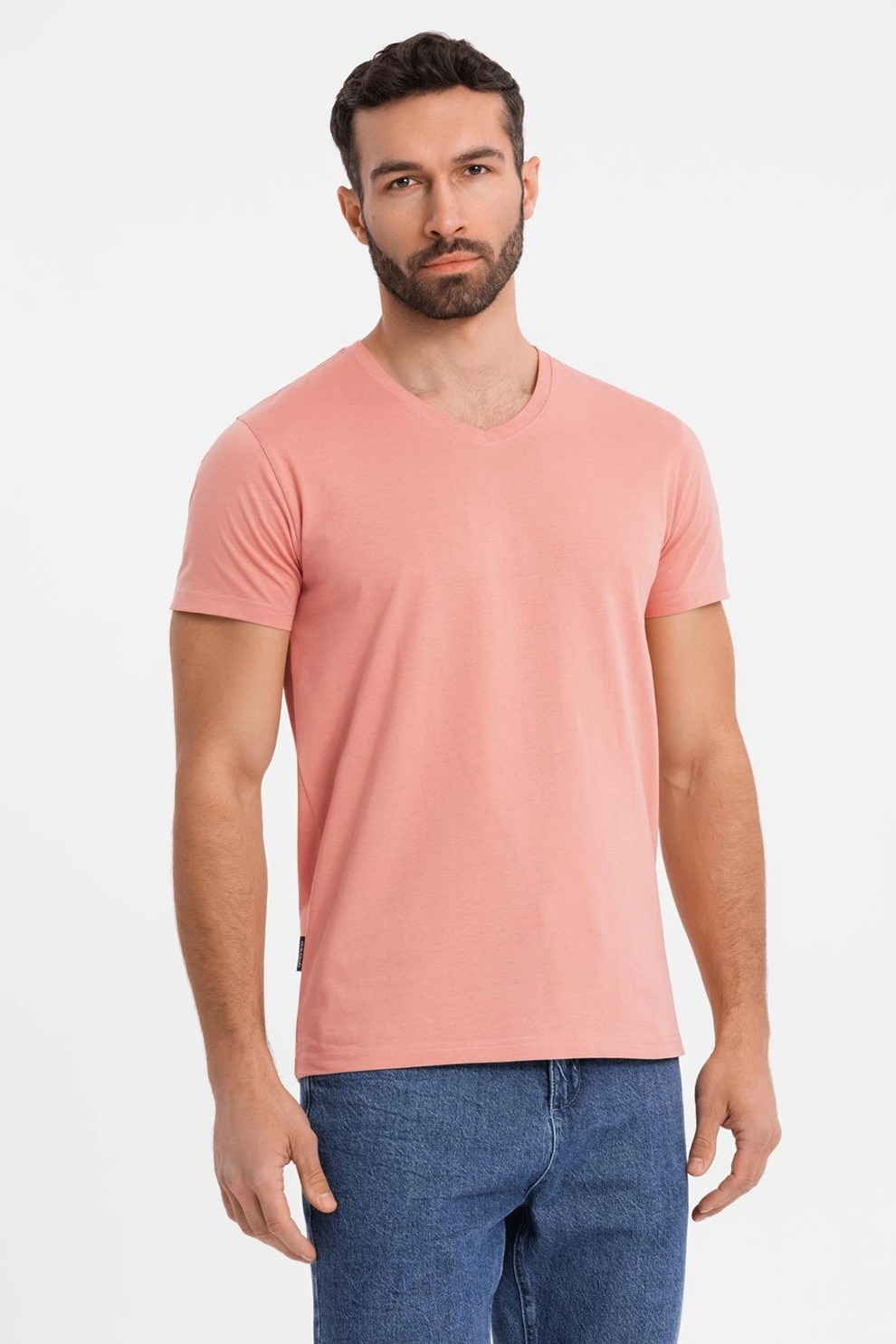 OMBRE, Tricou uni cu decolteu in V, Roz somon, 2XL