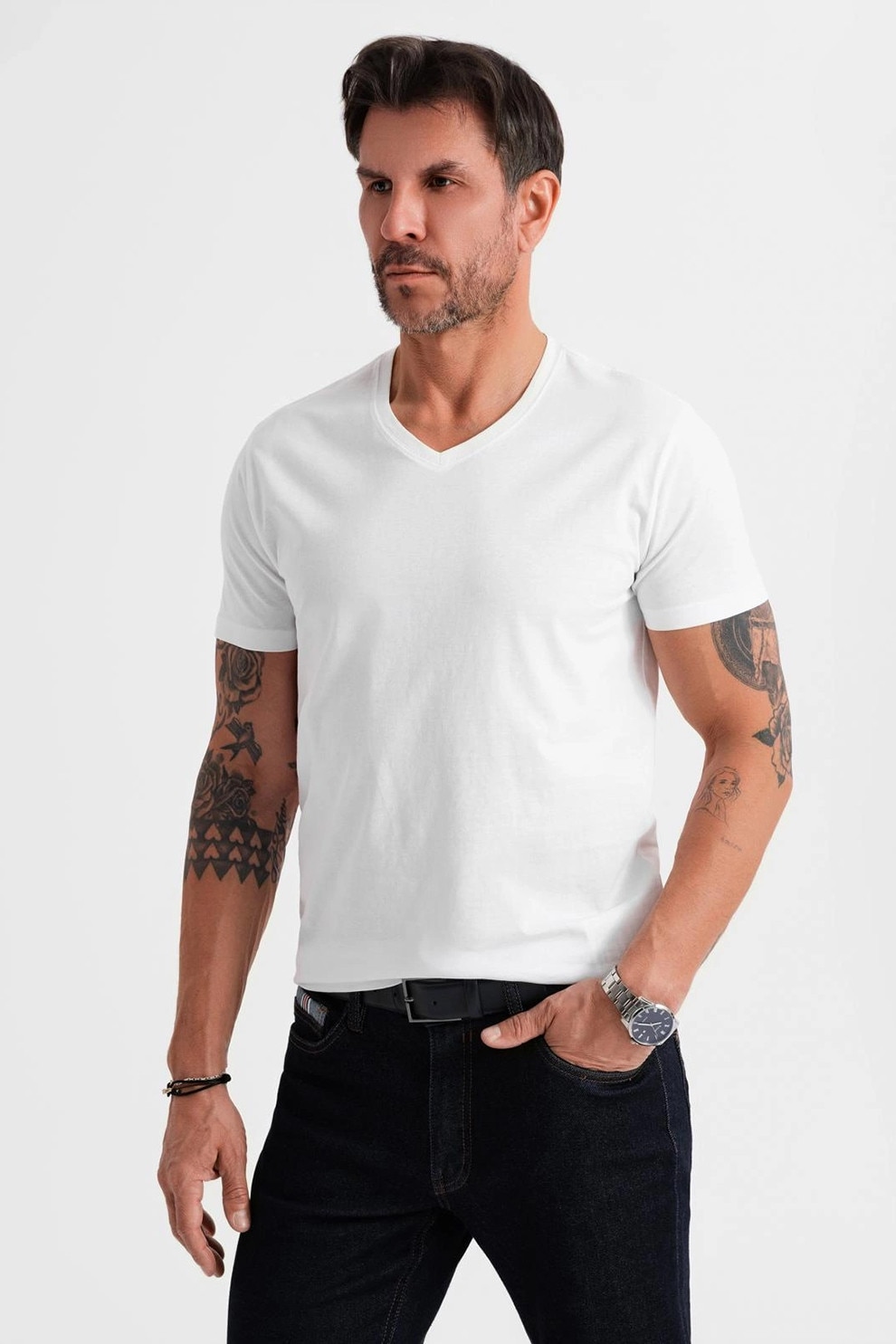 OMBRE, Tricou uni cu decolteu in V, Alb optic, 2XL