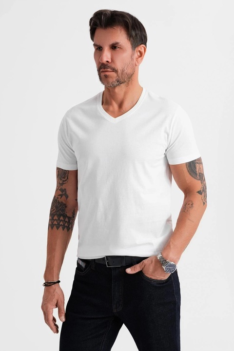 OMBRE, Tricou uni cu decolteu in V, Alb optic