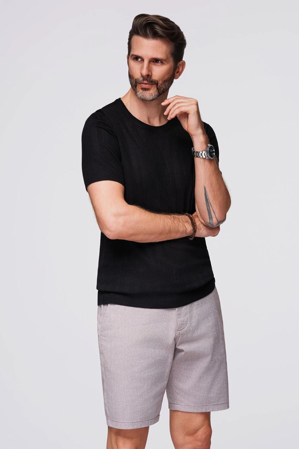 OMBRE, Tricou cu decolteu rotund si aspect perforat, Negru, M