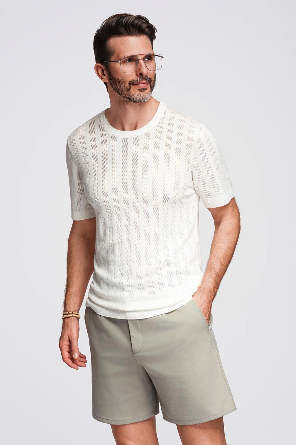OMBRE, Tricou cu decolteu rotund si aspect perforat, Alb fildes, S
