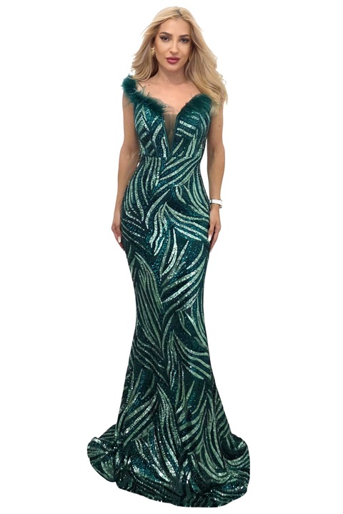 Дълга вечерна рокля VaLLia, кройка русалка, с пайети, Зелен