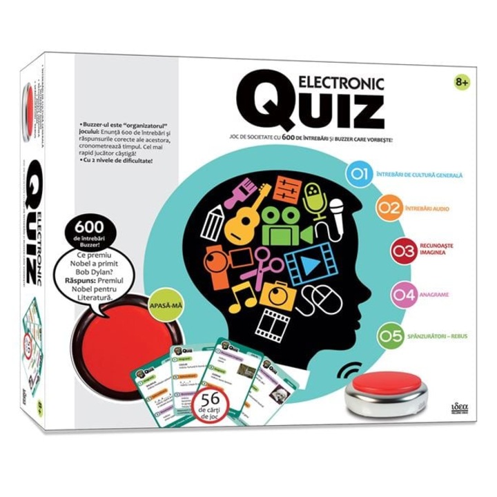 Joc de societate Idea Electronic Quiz cu buzzer, 600 intrebari, 56 carti de joc, set pentru 2-6 jucatori, 8+ ani