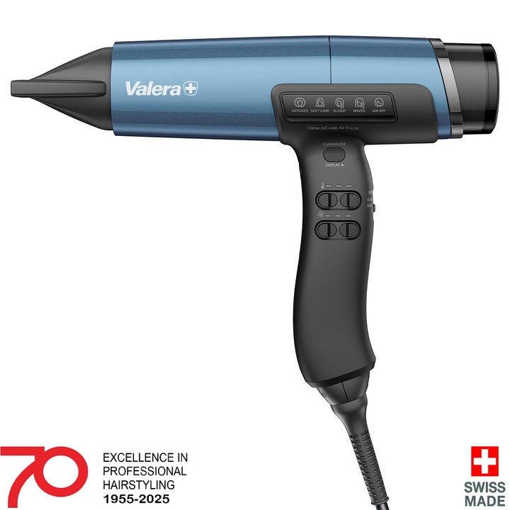 Професионален сешоар Valera Geniuscare AI Pulse, 2400W, Дигитален мотор HI-PAX, 5 предварително зададени режима за стилизиране, Йонизация, Самопочистване, Дифузер + 3 накрайника, Дигитален дисплей, Rotocord, безшумен
