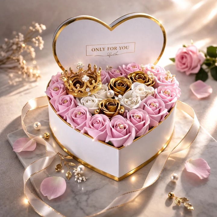 Aranjament floral Royal, 25 trandafiri de sapun si accesorii decorative, cutie in forma de inima, Roz-Alb-Auriu, Velve