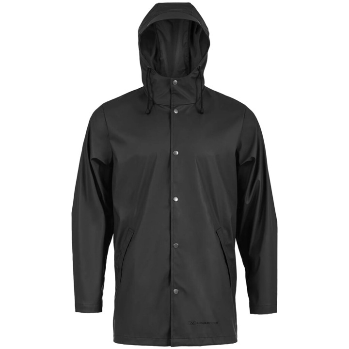 Jacheta de ploaie Highlander, poliester, neagra, rezistenta la vant, cu gluga ajustabila, pentru drumetie