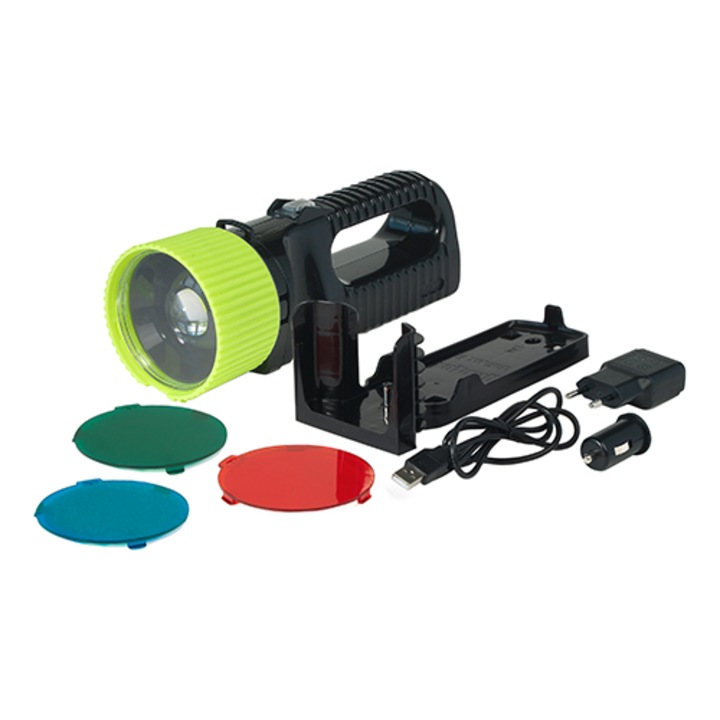 Професионален фенер AccuLux™ UniLux Pro, акумулаторен, 35 часа автономна работа, със зарядна станция и цветни светлинни филтри (червен, син, зелен)