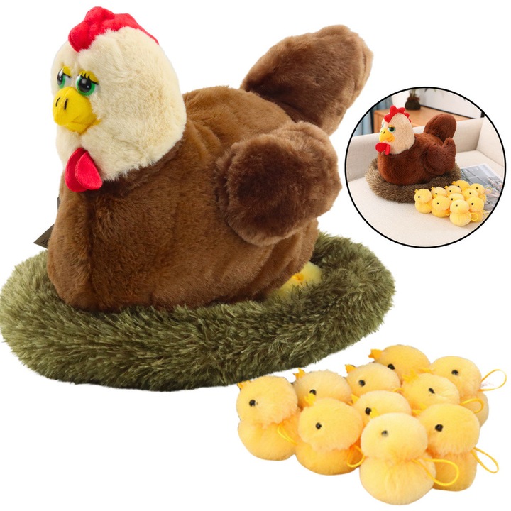 Pluszowa Kura cu 10 Pisklaki, LEAN TOYS, 30x25cm, Multicolor