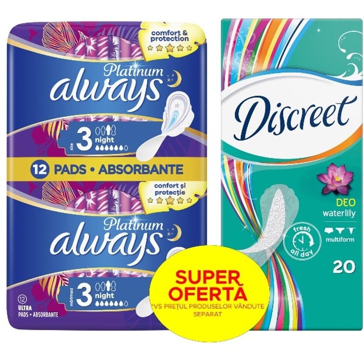 Set 3 x Absorbante Always Platinum Night 12 Buc + Discreet Waterlily 20 Buc, Nocturne, Proaspete