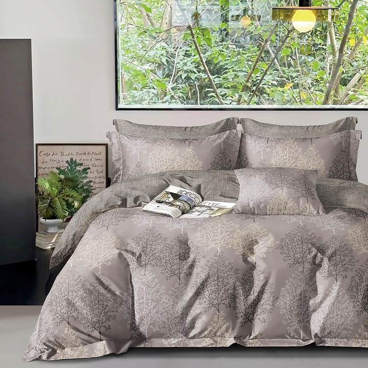 Lenjerie pat dublu extra large Percalle imprimat Bumbac 100%, 6 piese, cearsaf pat 240x260 cm, pilota 200x230 cm, 2 fete perna 50x70 cm si 70x70 cm, Copaci Galben / Maro, Pucioasa