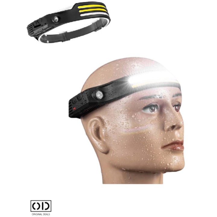 Lanterna de Cap Frontala cu 8 Moduri de Iluminare LED, Senzor de Miscare, Lumina Alba Rece, Calda Galbena si Rosie, Acumulator 1200mAh cu 60 minute Functionare Continuu, USB Tip C, Negru, ORIGINAL DEALAS