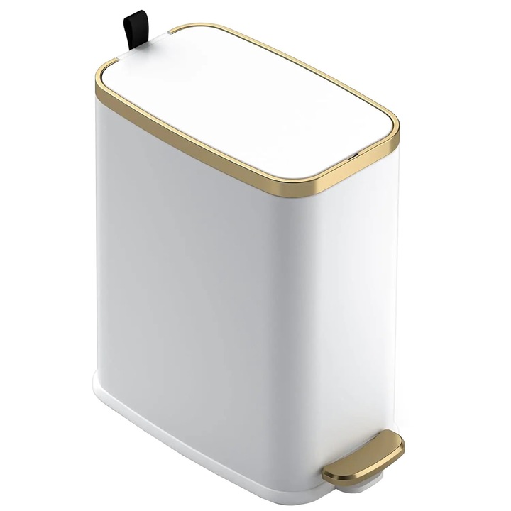 Cos de Gunoi Bucatarie Elindor® cu Pedala, Capacitate 12L, cu Capac Deschidere Anti-Miros cu Deschidere 90°, Galeata Detasabila, Suport Saci Menajeri, Ideal pentru Bucatarie, Baie, Birou, Camara, Potrivit pentru Colectare Selectiva, Alb / Auriu