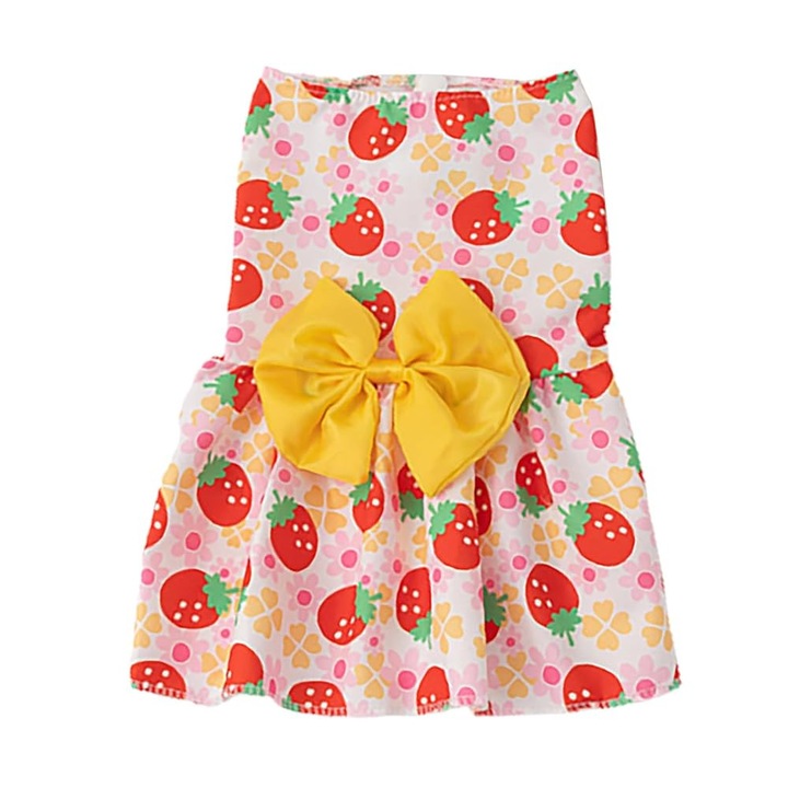 Rochie pentru catei, cu fundita, material subtire de vara, prindere cu capse, potrivita 2-3kg, Marime S, Galben