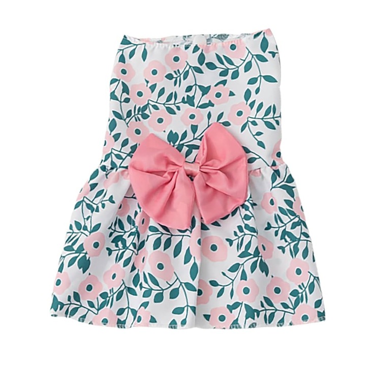 Rochie pentru catei, cu fundita, material subtire de vara, prindere cu capse, potrivita 3-4kg, Marime M, Roz
