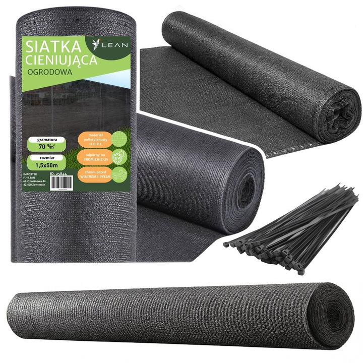 Plasa de umbrire LEAN, 1.5x50m, 90% umbrire, gri, set cu 60 coliere de cablu