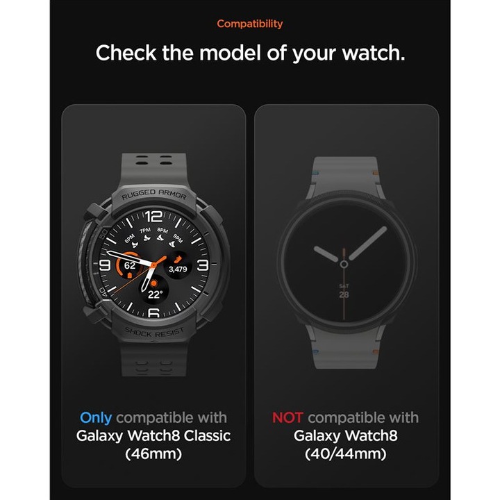 Carcasa protectie Spigen Rugged Armor compatibila cu Samsung Galaxy Watch 8 Classic 46mm, Negru