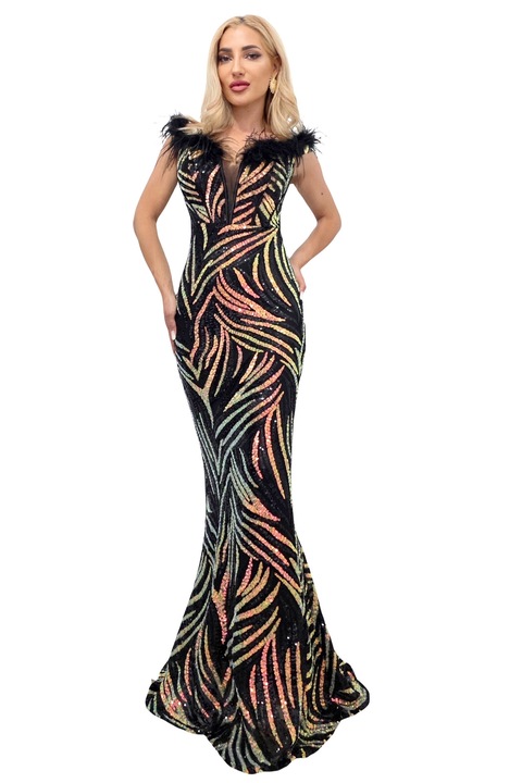 VaLLia hosszú estélyi ruha, sellőfazonú, flitterekkel, Fekete