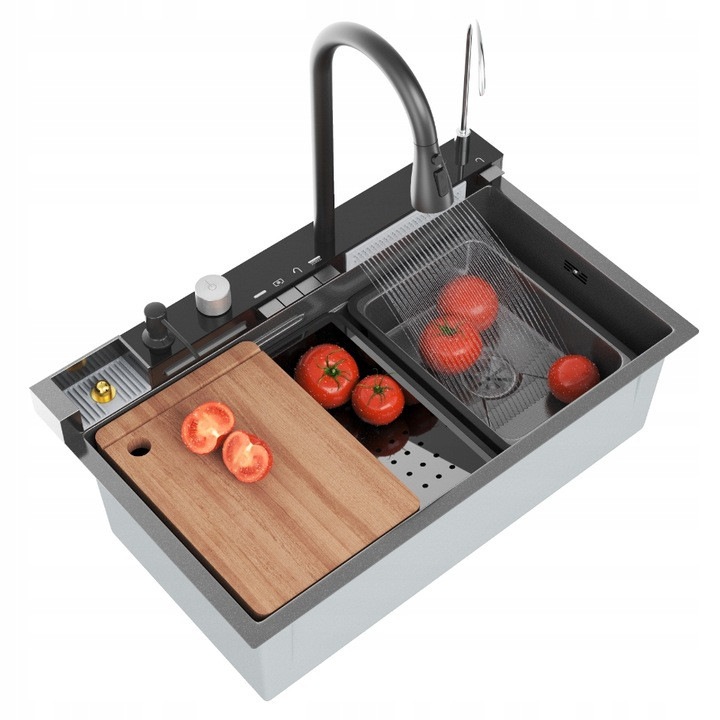 Pachet Chiuveta, Granitan, Neagra, Set Cu Baterie In Cascada, 750 mm, 1 Compartiment, In Set: Sifon, Dispenser, Laveta, Accesorii De Scurgere, Accesorii, Rezistenta La Zgarieturi, Temperatura Inalta, Ecran Lcd