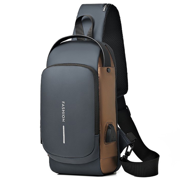 AYSTOAYS® váll- vagy kézi crossbody táska, lopásgátló zseb, rejtett kártyatartó zseb, USB töltőtámogatással, vízálló, Állítható vállpánt, Nagy kapacitású, 32x17x10cm, szürke-barna színű