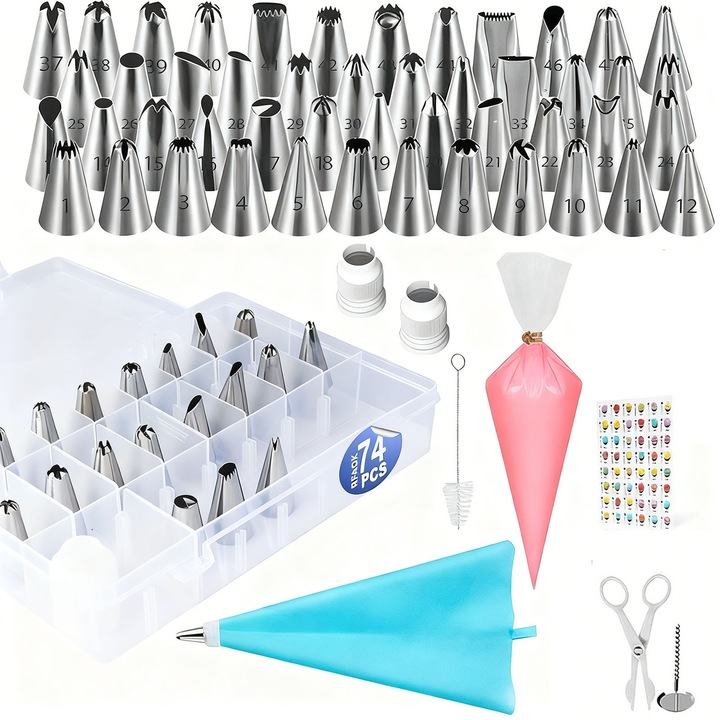 Set 74 Accesorii Ornare Prajituri, ZGGZERG, Multicolor, Inox/Plastic/Silicon, Usor de utilizat