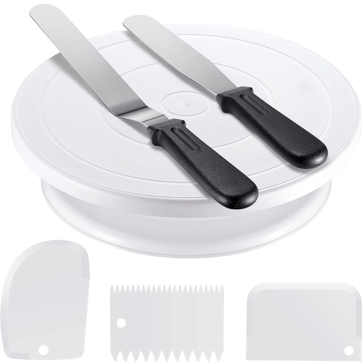 6 darabos sütemény/cukrászati dekorációs készlet, ZGGZERG, kaparóval, forgótálcával és spatulával, újrafelhasználható, könnyen használható és tisztítható, torta vagy sütemény díszítéséhez, PP, fehér