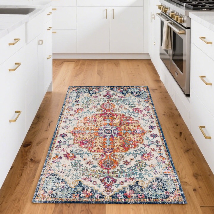 Килим, устойчив на петна, противоплъзгащ се, пере се в машина, правоъгълен, полиестер, 80 x 150 см, оранжев/син