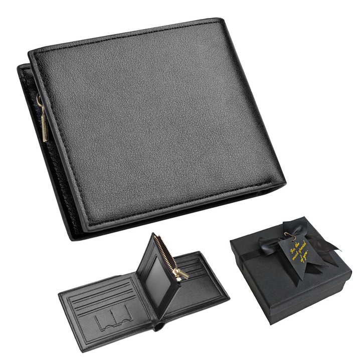 Portofel pentru barbati, piele sintetica, compartiment pentru carte de identitate, negru