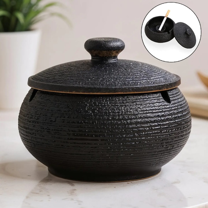 Elindor® kerek kerámia hamutartó fedéllel, egyszerű és elegáns dizájn, 11,5 x 8,5 cm, beltérre és kültérre, dekoratív, otthonra, irodába vagy teraszra alkalmas, fekete