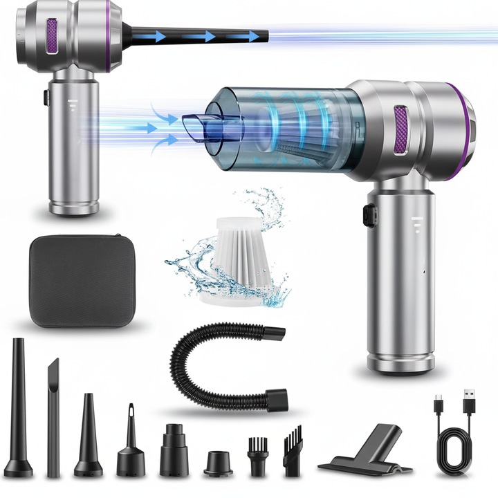 Mini Aspirator Auto Portabil Profesional, Elindor®, de Mana, Fara Fir 16000 PA, 110W, 3 Viteze, 4-in-1 Aspirare, Suflare, Umflare, Vacuum, 10 Accesorii, Filtru HEPA Reutilizabil Aspirator Mic pentru Masina, Casa, Tastatura Birou, Argintiu