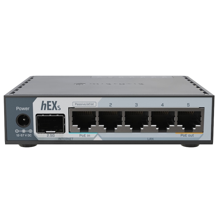 Router Mikrotik hEX S (2025), E60iUGS, 5x GbE RJ45, 1x SFP, PoE out, USB, performanta ridicata pentru retele de birou, configurare flexibila si securitate avansata